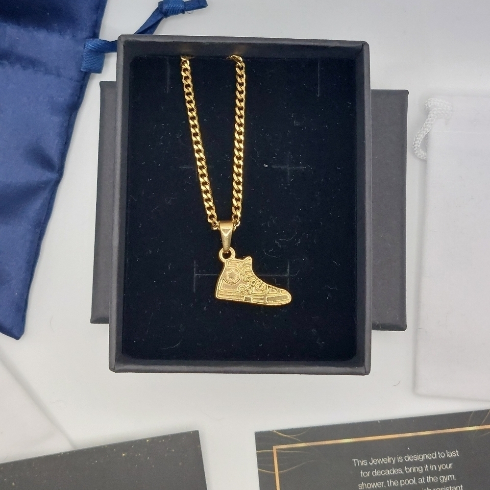 18K Gold Plated Sneaker Running Shoe Converse Style Pendant and 18K Chain